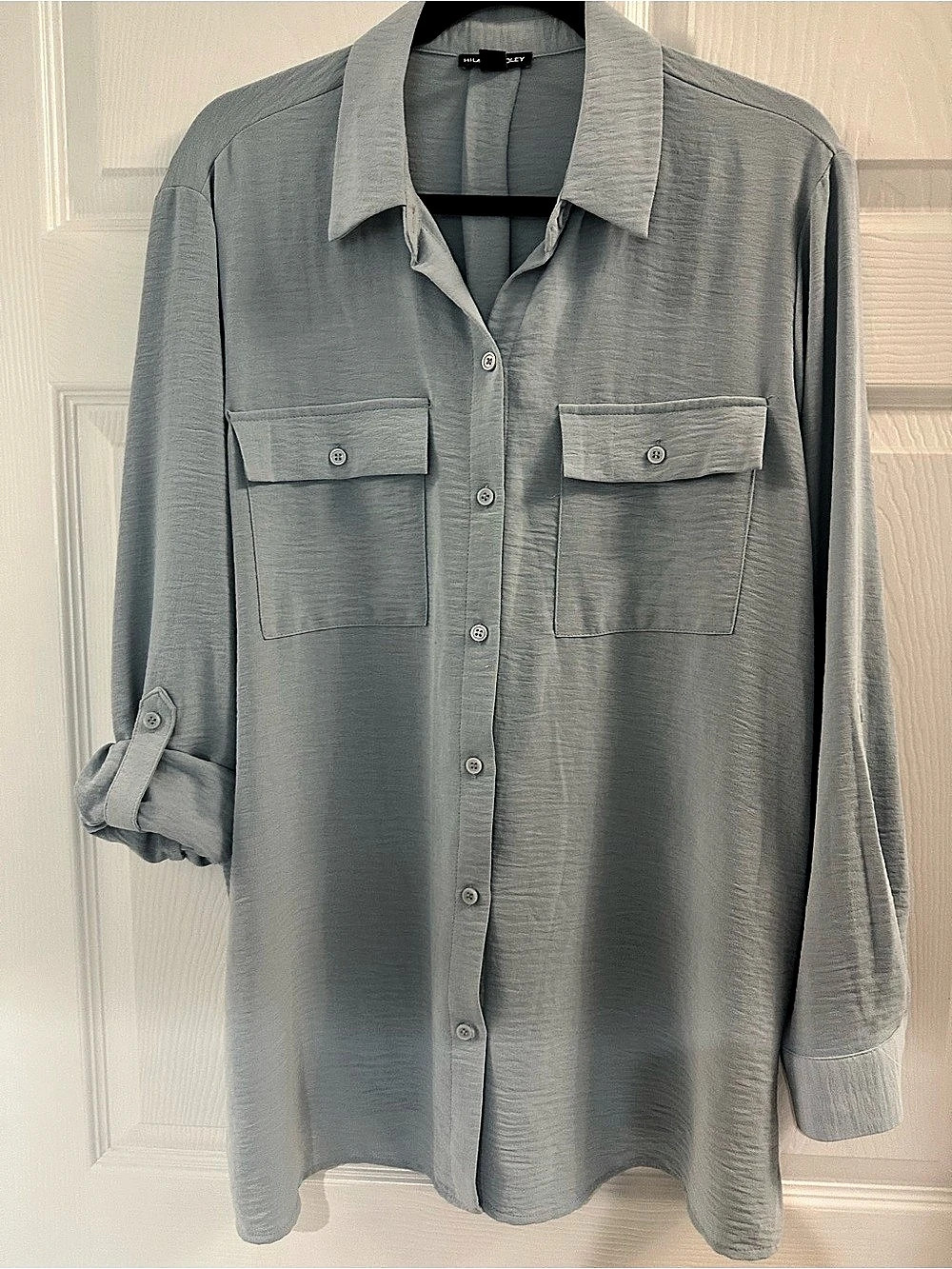 Hilary Radley Long Sleeve Roll Tab Button Down Blouse in Blue